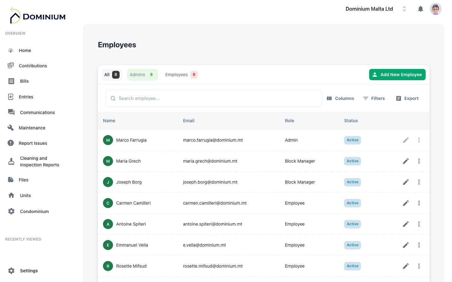 Dominium employee and supplier management screen — Malta